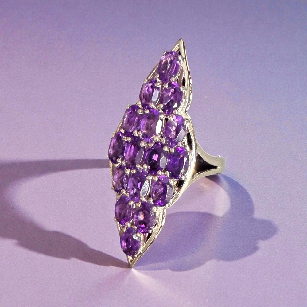 Lusaka Amethyst Ring Size 8 Purple Platinum Silver Elongated Cluster